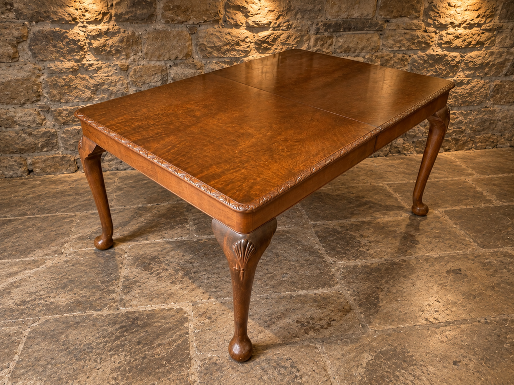 Antique Burr Walnut Queen Anne Revival Extending Dining Table – c.1930