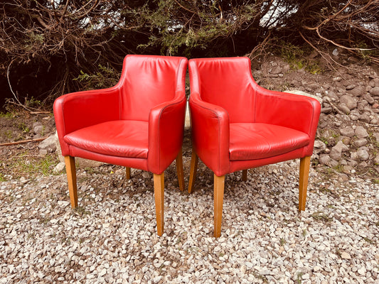 Vintage Red Leather Armchairs – Pair of Leather Tub Dining Chairs