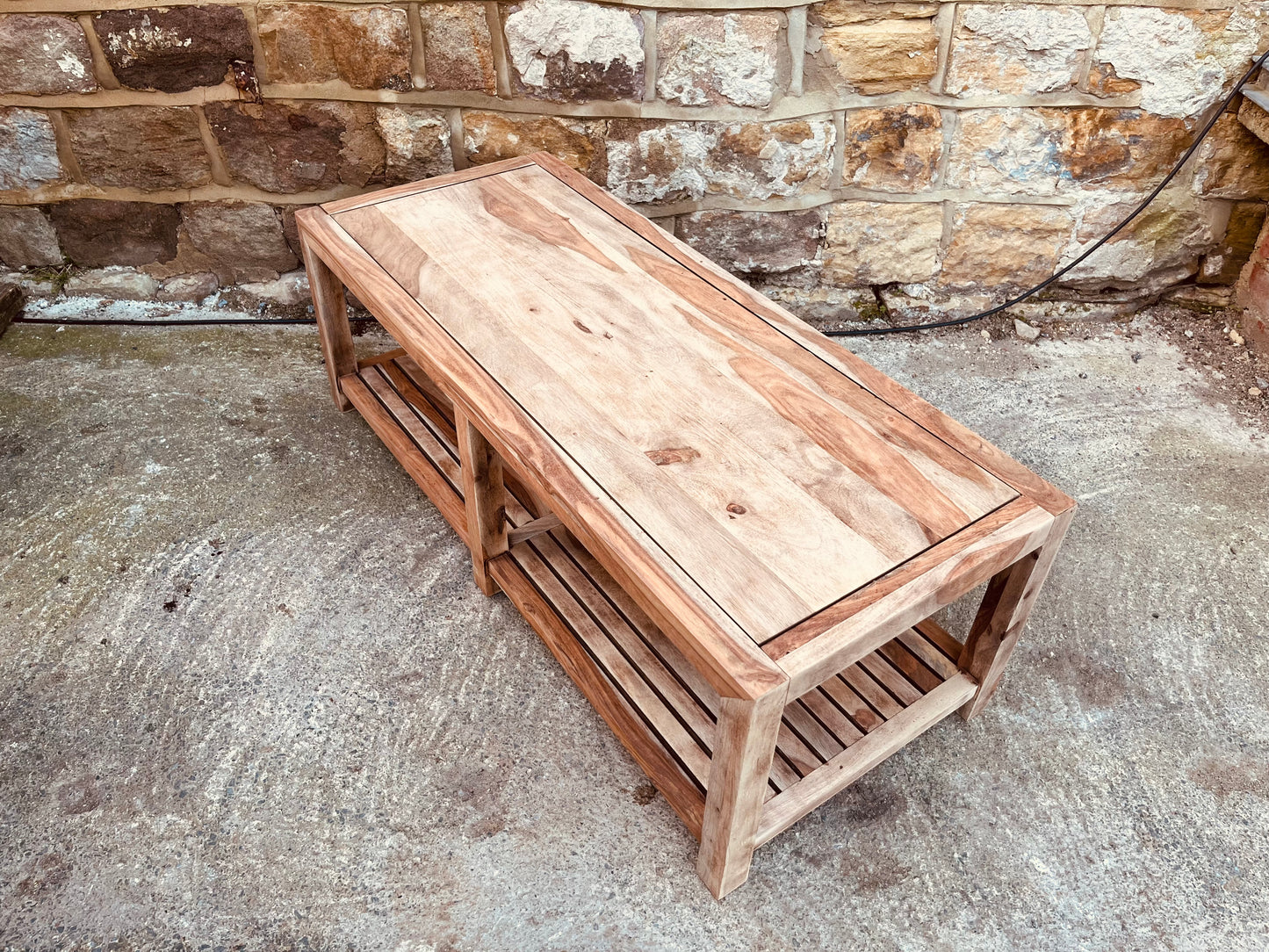 Large Solid Hardwood Coffee Table | Rustic Modern Acacia Table | Wooden Coffee Table with Slatted Shelf
