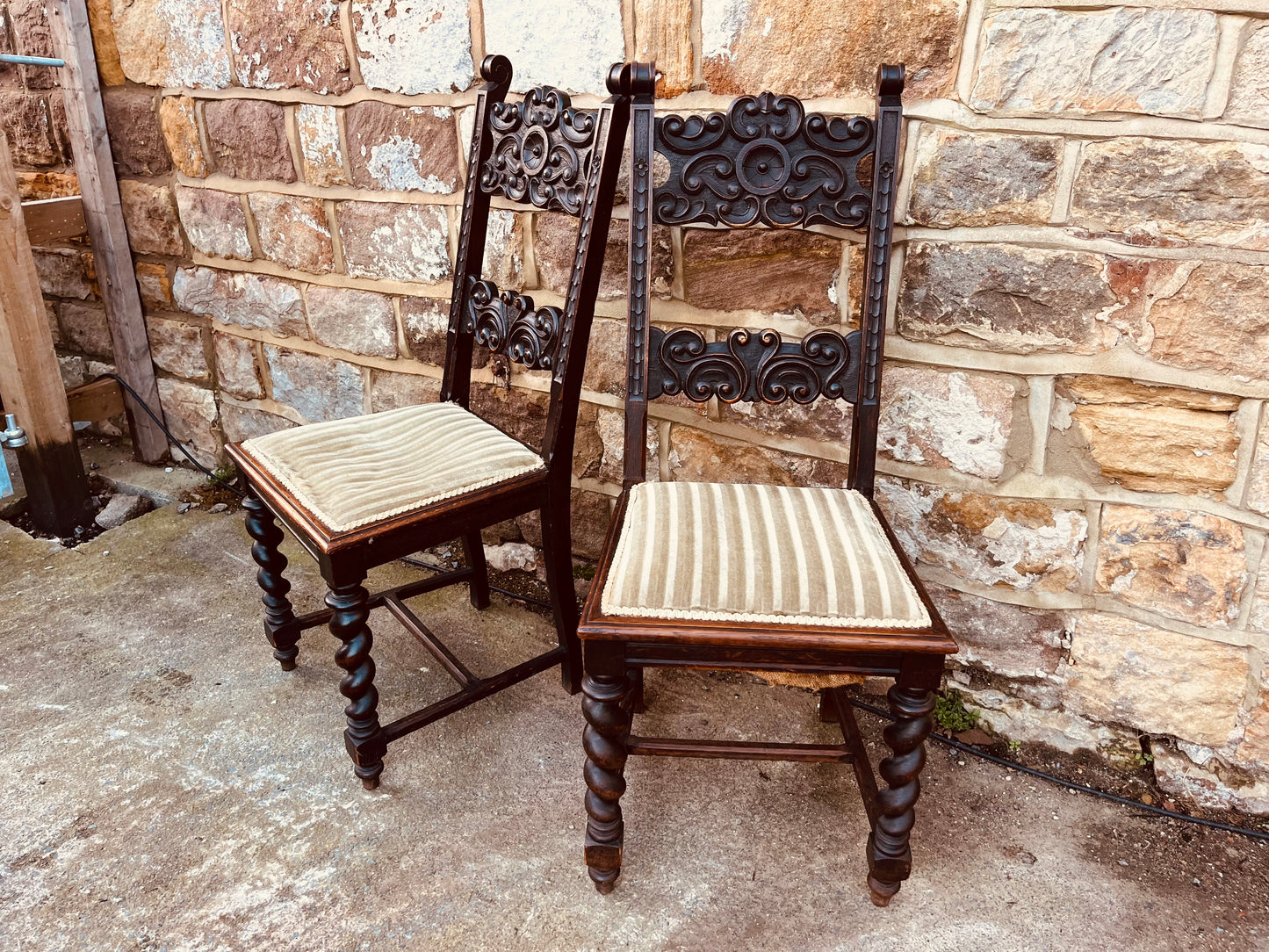Pair of Antique Carved Dining Chairs – Barley Twist Legs & Ornate Backrest