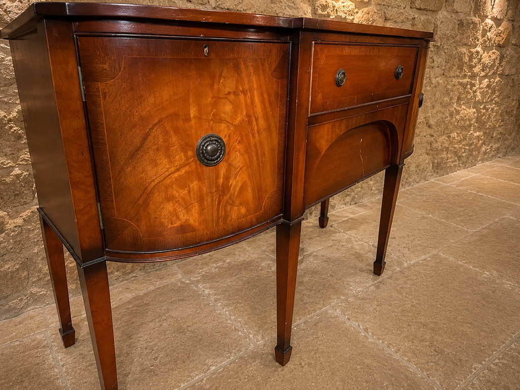 George III Style Figured Mahogany Serpentine Sideboard | Edwardian Antique Revival Buffet Cabinet