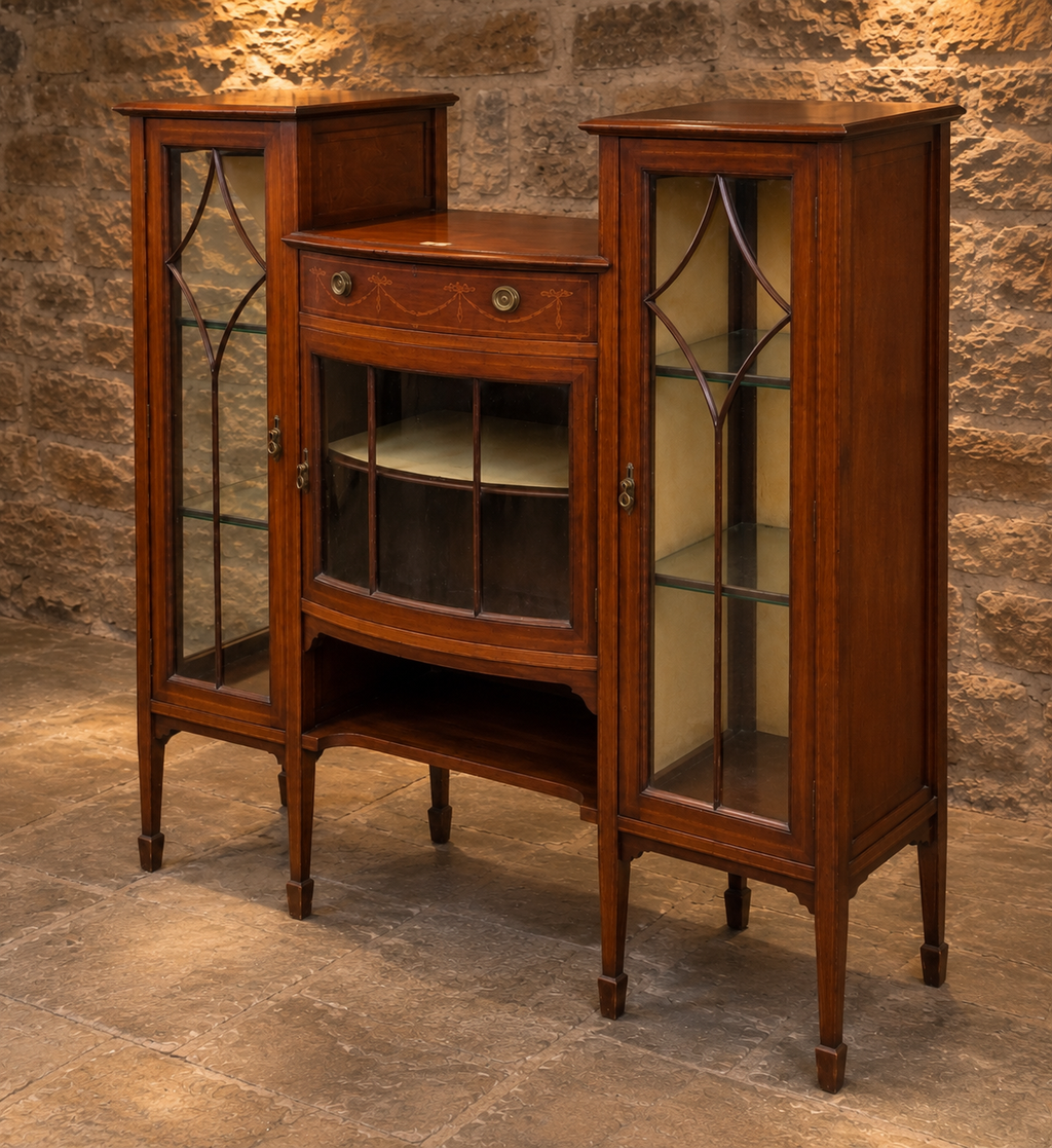 Antique Edwardian Mahogany Inlaid Display Cabinet – Bow Front Glazed China Cabinet