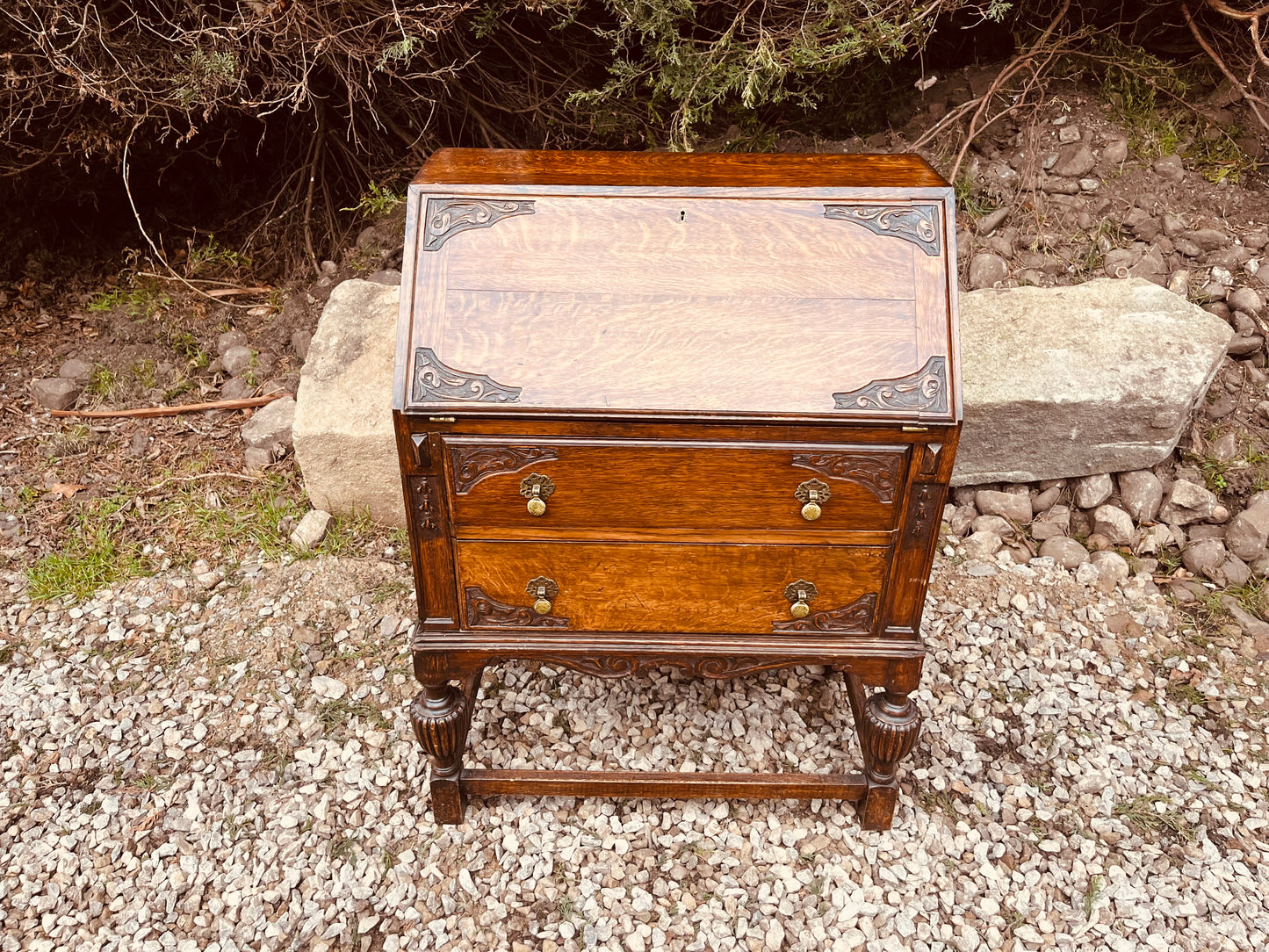 Antique Edwardian Tiger Oak Bureau Writing Desk