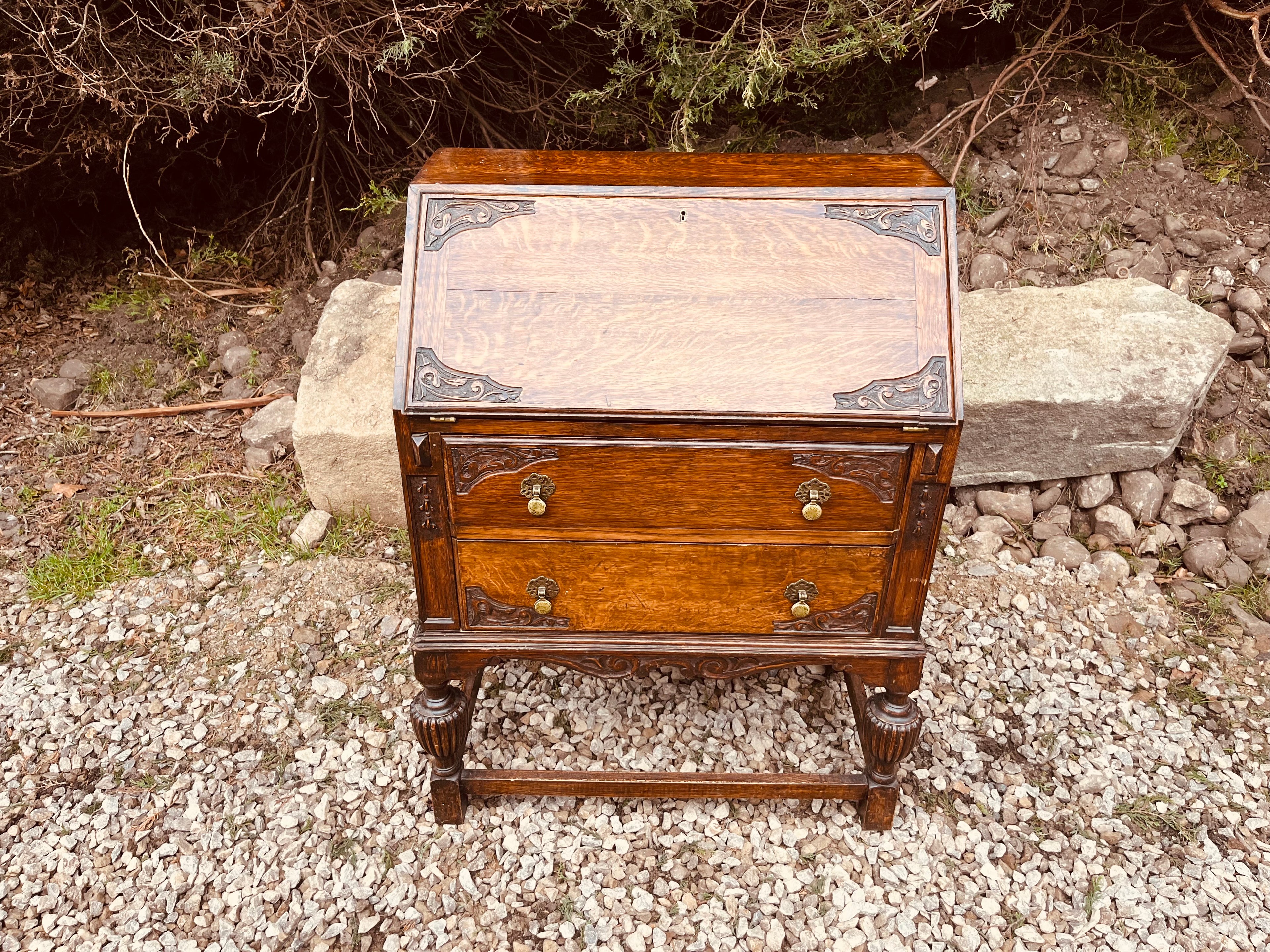 Antique Edwardian Tiger Oak Bureau Writing Desk