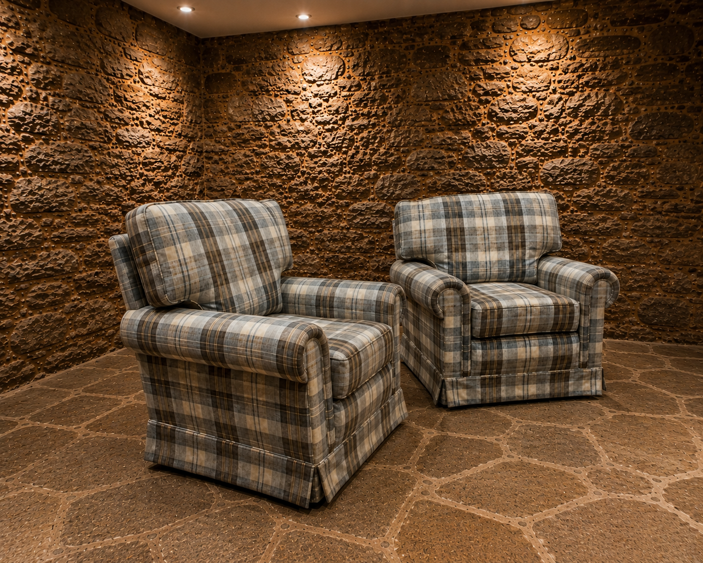 Pair of Vintage Country House Tartan Armchairs – Traditional Roll Arm Lounge Chairs