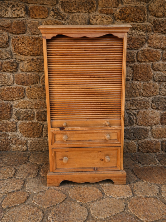 Rustic Pine Tambour Door Cabinet – Country Cottage Storage Unit with Drawers
