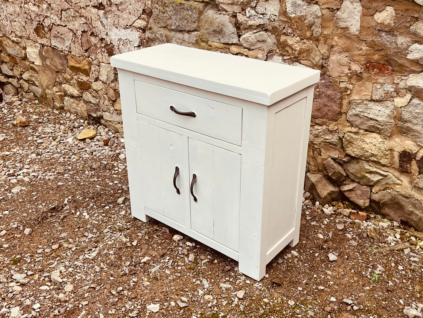 Rustic Cream Painted Solid Wood Cabinet – Farmhouse Cupboard with Drawer