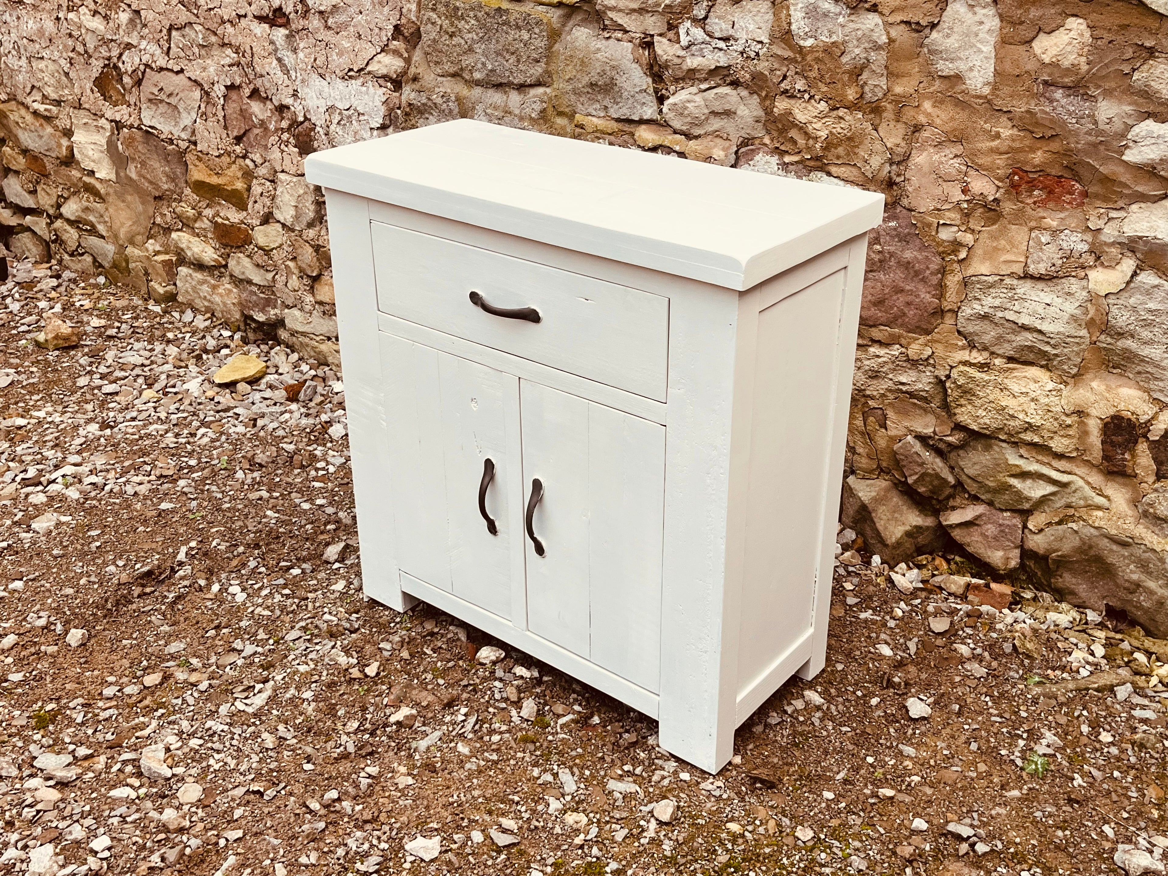 Rustic Cream Painted Solid Wood Cabinet – Farmhouse Cupboard with Drawer