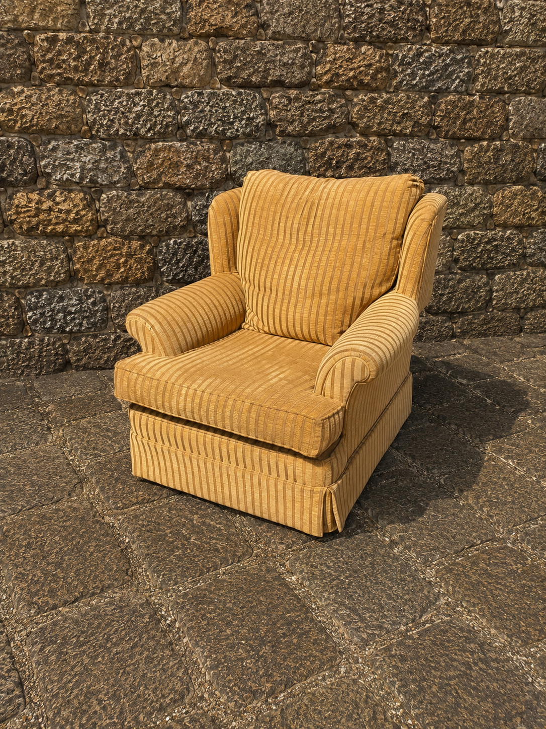 Vintage English Country House Armchair in Golden Stripe Upholstery