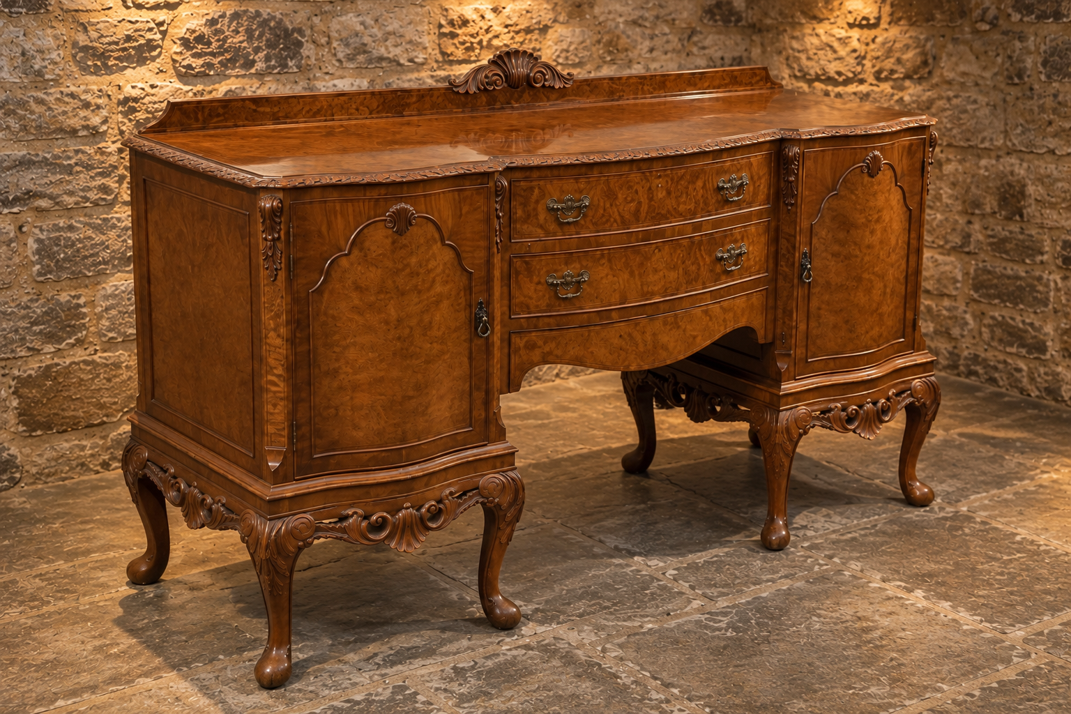 Vintage Queen Anne Style Burr Walnut Sideboard – Ornate Carved Cabriole Leg Buffet Cabinet