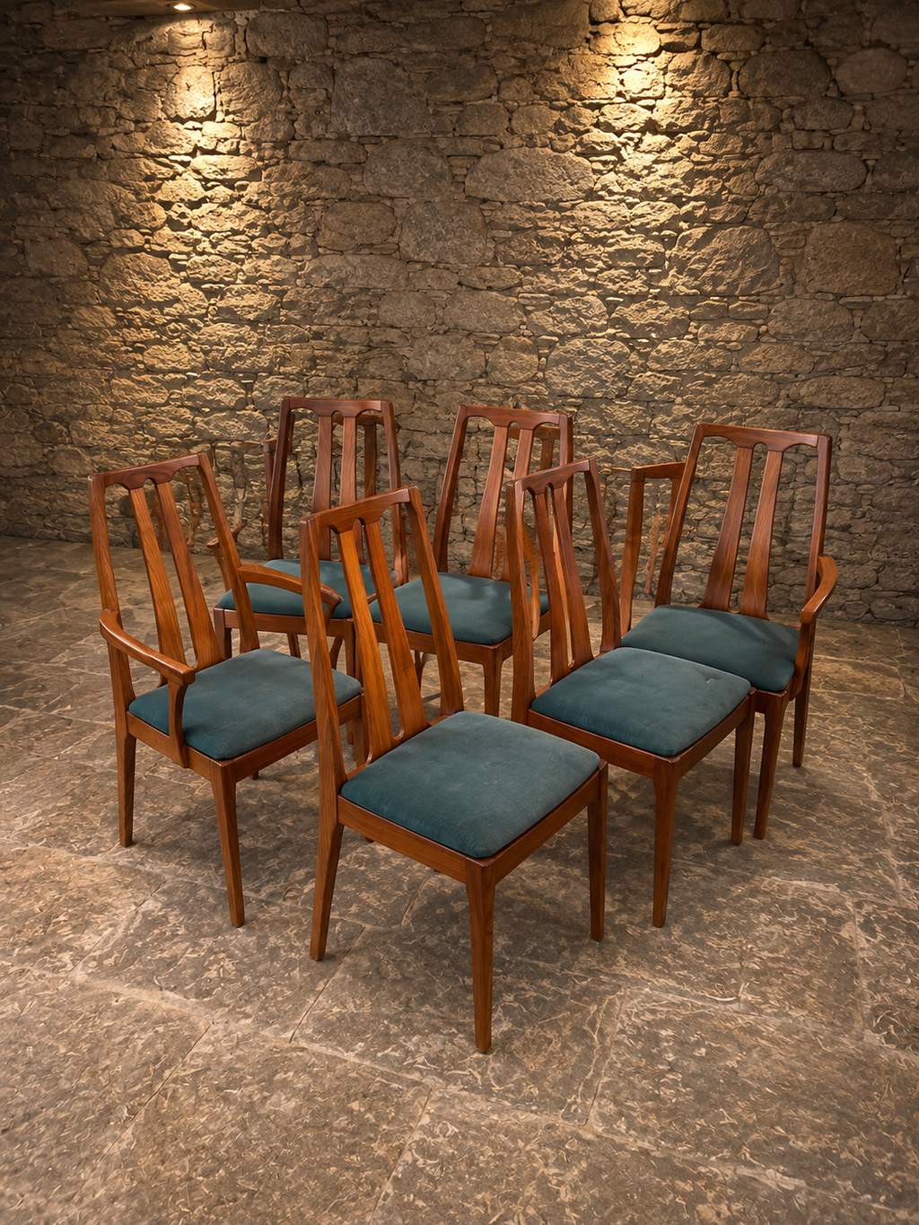 Set of 6 Mid-Century Teak Dining Chairs | Four Side Chairs & Two Carver Chairs | Scandinavian Style