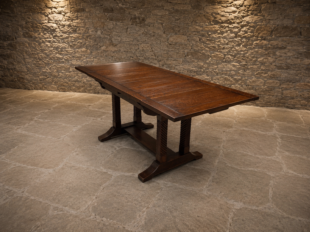 Vintage Dark Oak Extending Dining Table – Jacobean Style Carved Refectory Table