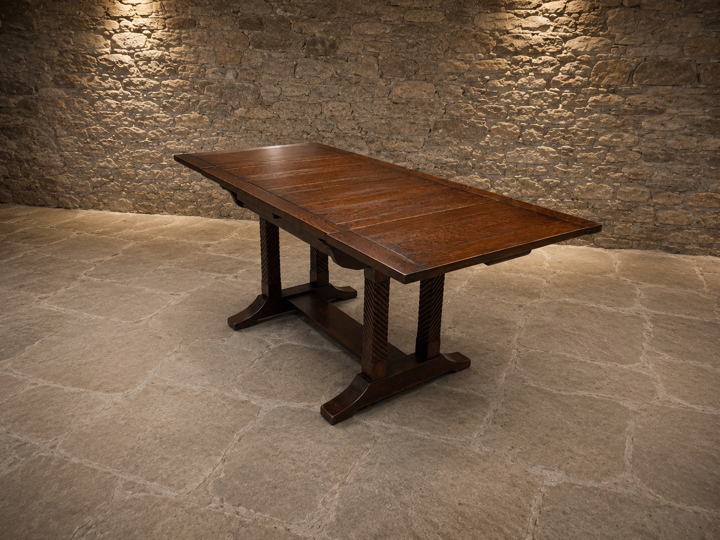 Vintage Dark Oak Extending Dining Table – Jacobean Style Carved Refectory Table