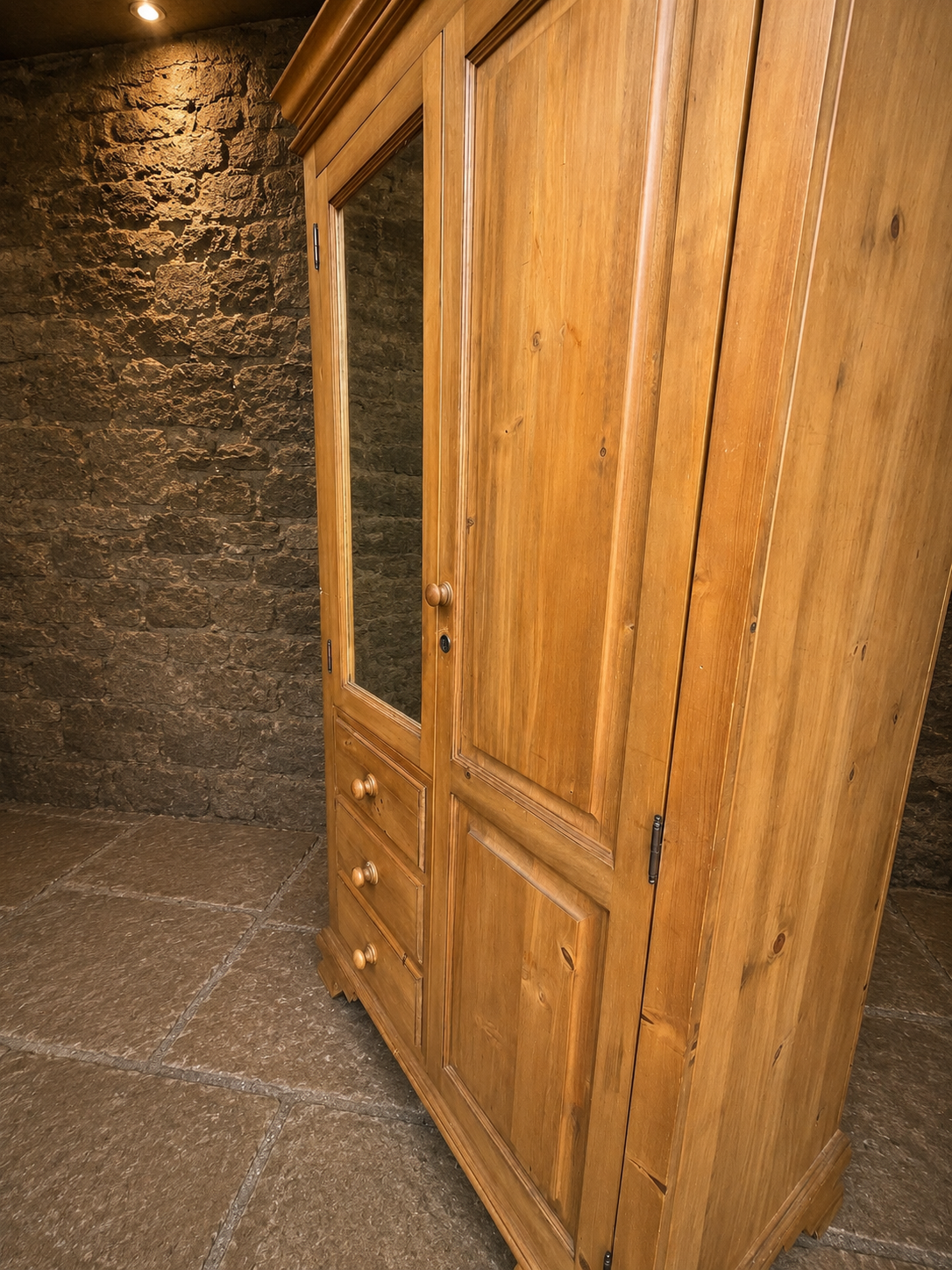 Large Solid Pine Combination Wardrobe with Mirror & Three Drawers