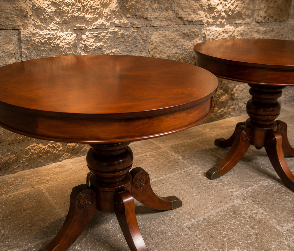 Pair of Regency Style Mahogany Lamp Tables – Vintage Round Pedestal Side Tables