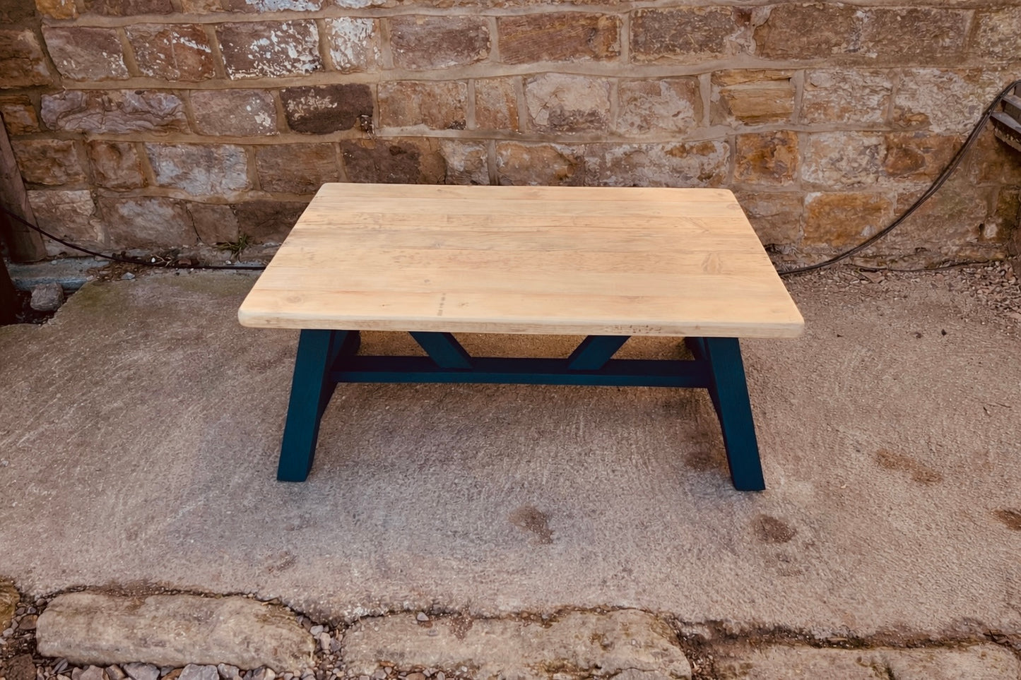 Handcrafted Solid Wood Farmhouse Coffee Table – Natural Top & Navy Blue Base