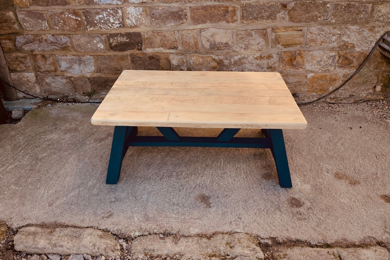 Handcrafted Solid Wood Farmhouse Coffee Table – Natural Top & Navy Blue Base