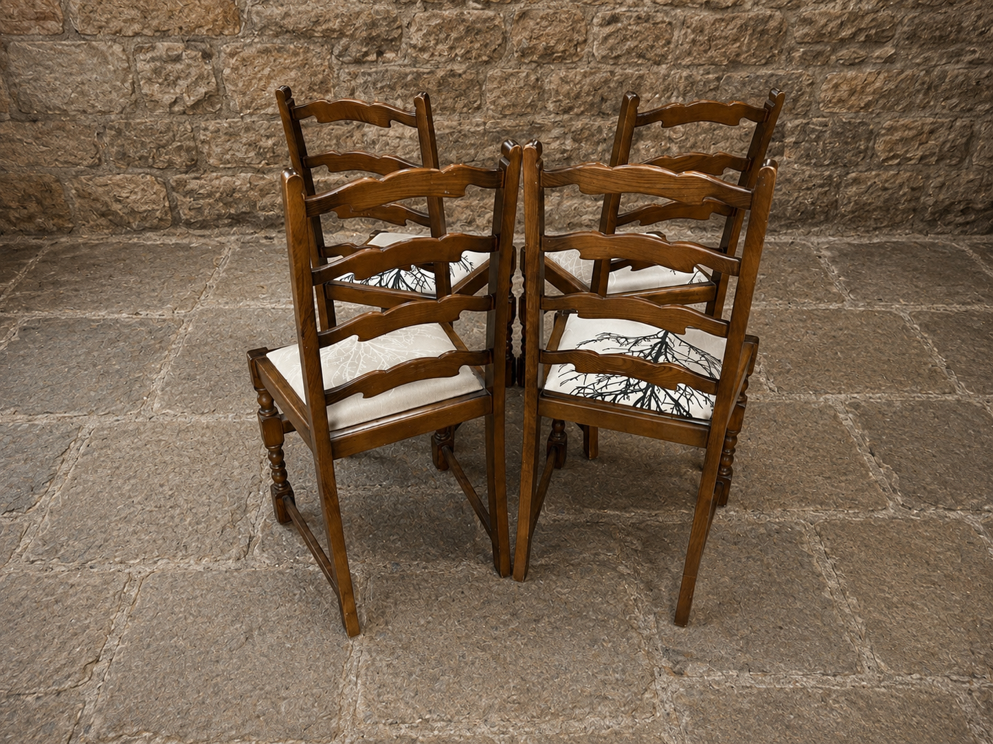 Set of 4 Vintage French Oak Ladderback Dining Chairs