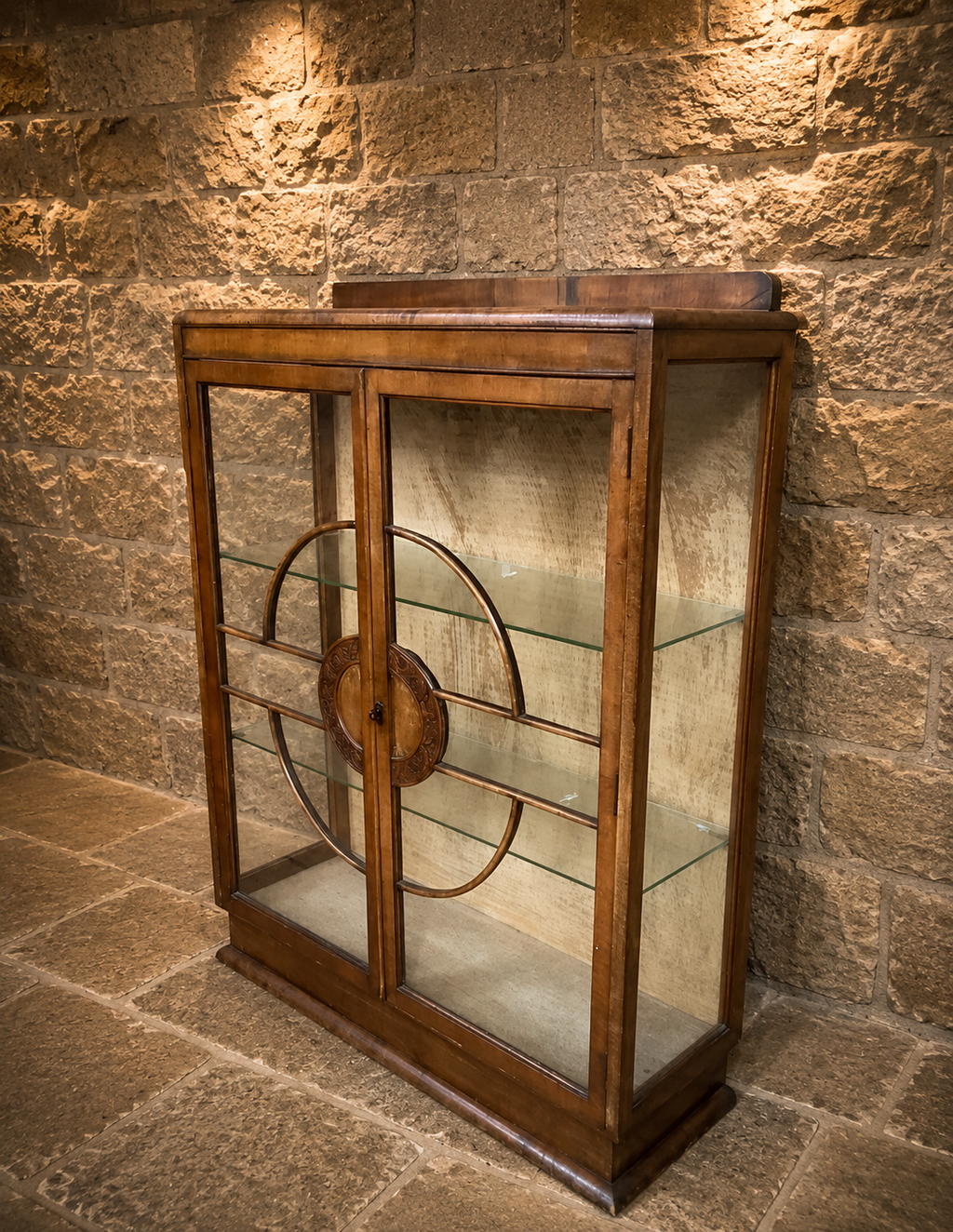 1930s Art Deco Figured Walnut Glazed Display Cabinet