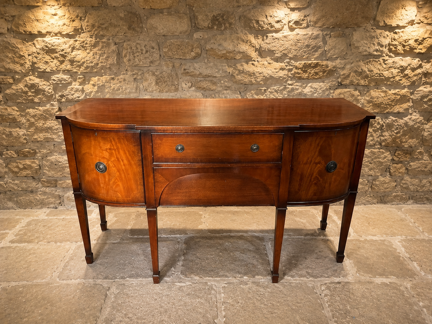 George III Style Figured Mahogany Serpentine Sideboard | Edwardian Antique Revival Buffet Cabinet