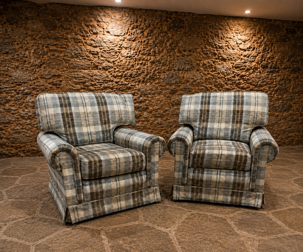 Pair of Vintage Country House Tartan Armchairs – Traditional Roll Arm Lounge Chairs