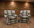 Pair of Vintage Country House Tartan Armchairs – Traditional Roll Arm Lounge Chairs