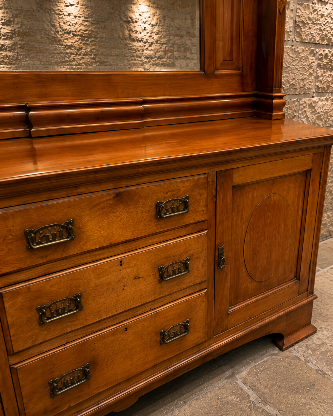 Antique Victorian Walnut Mirrored Sideboard – Edwardian Buffet Cabinet with Marble-Style Mirror Back