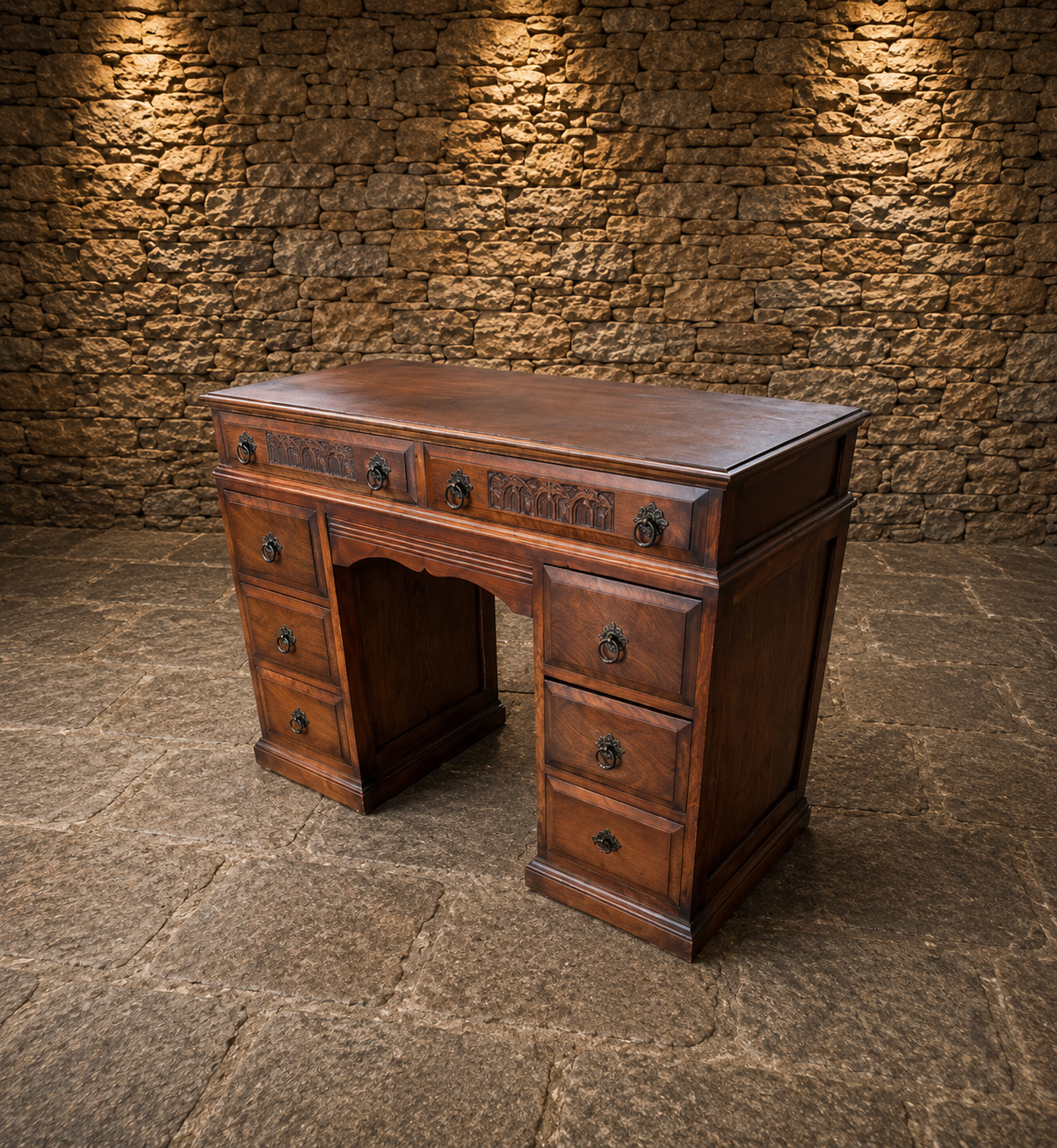 Antique Victorian Carved Oak Pedestal Writing Desk – Gothic Revival – Circa 1890