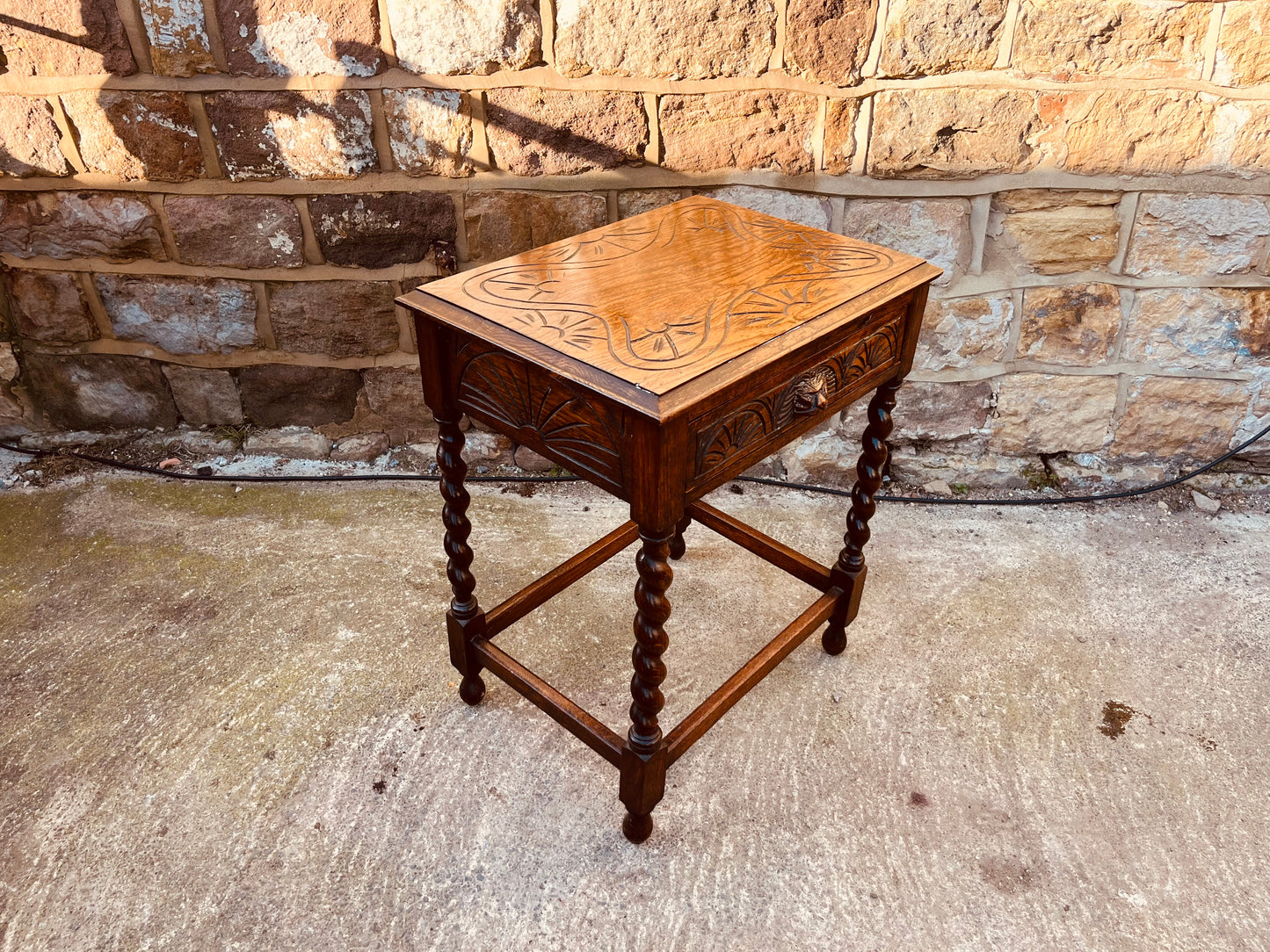 Antique Oak Barley Twist Side Table – Carved Drawer – Jacobean Revival Circa 1920s