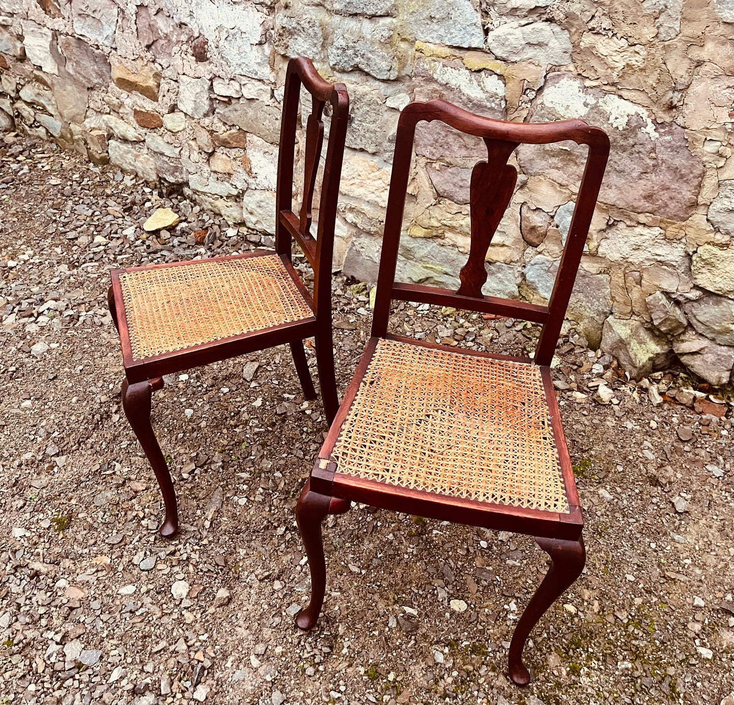 Vintage Pair of Cane Seat Chairs – Carved Back Early 20th Century Seating