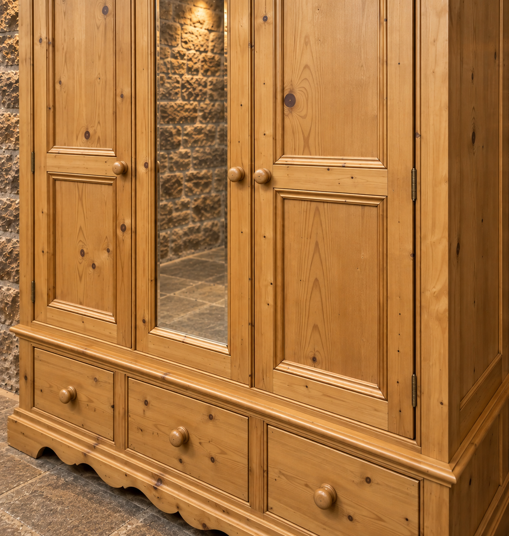 Antique Victorian Pine Triple Wardrobe c.1900 – Large Mirrored 3 Door Wardrobe