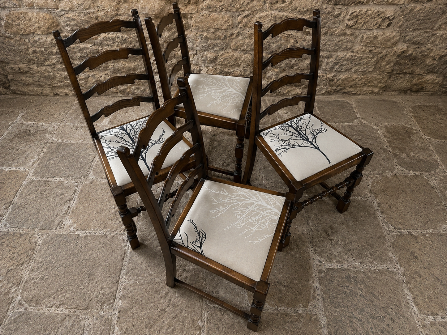 Set of 4 Vintage French Oak Ladderback Dining Chairs