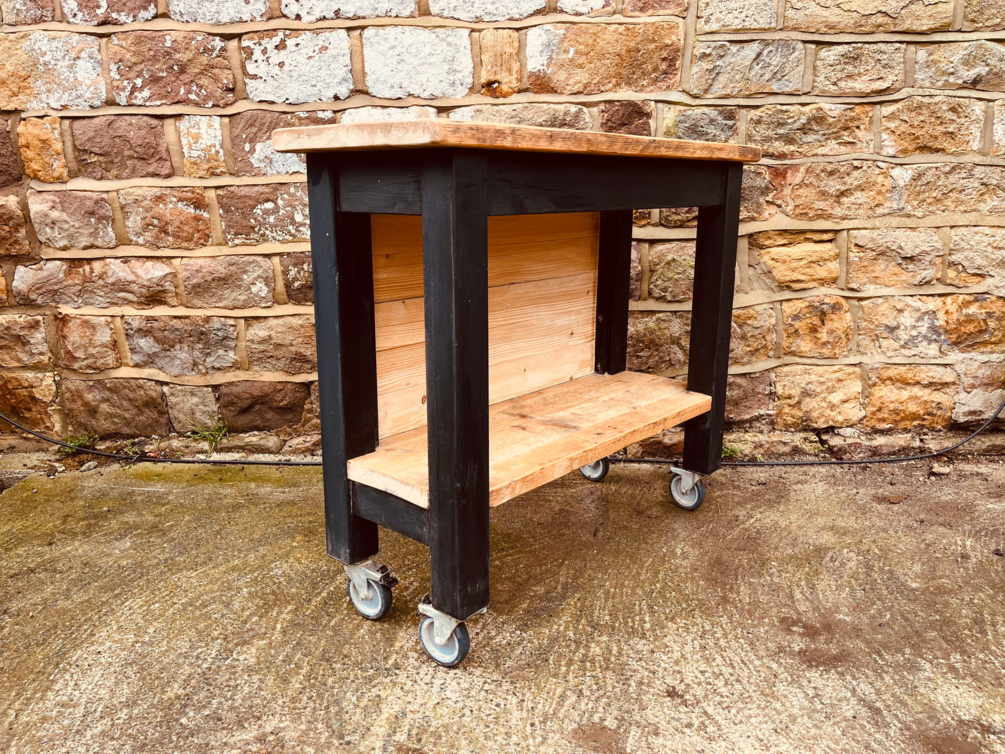 Rustic Industrial Wooden Trolley on Castor Wheels – Handmade Console Table