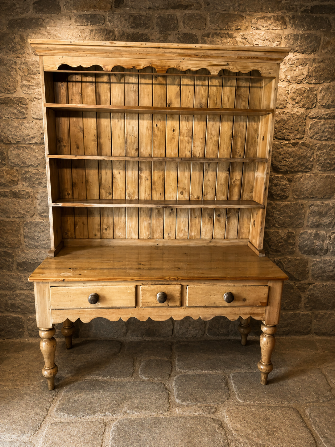 Large Victorian Pine Farmhouse Kitchen Dresser With Plate Rack