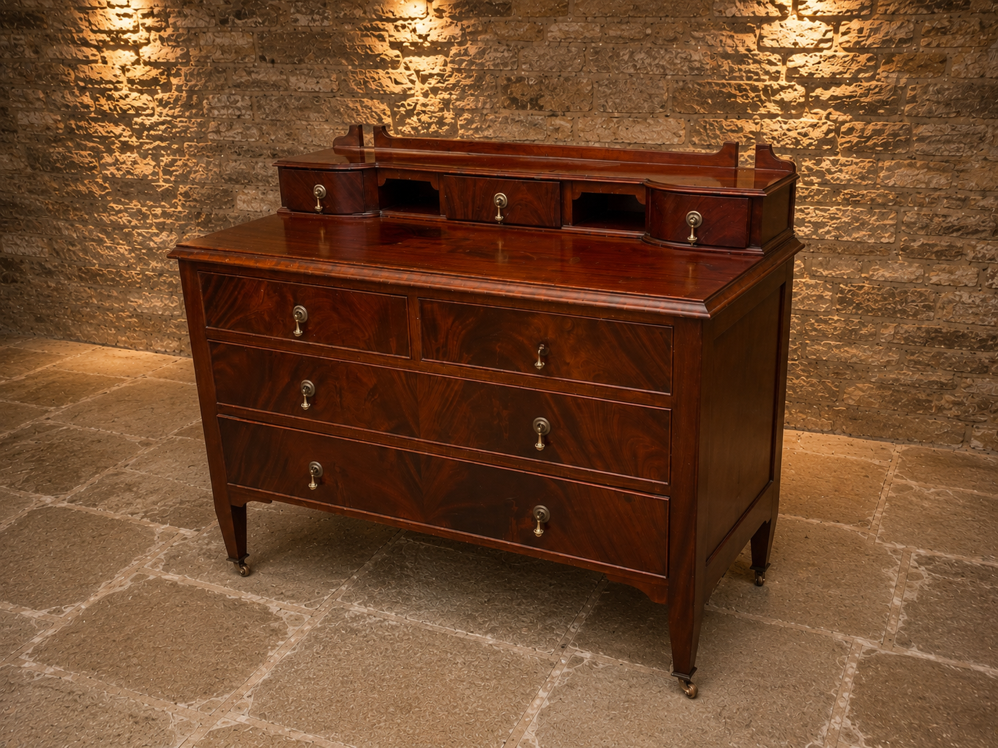 Antique Flame Mahogany Dressing Chest of Drawers with Gallery – Circa 1830–1850