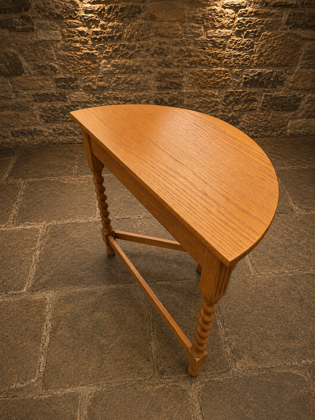 Antique 1930s Carved Solid Oak Demi-Lune Console Table