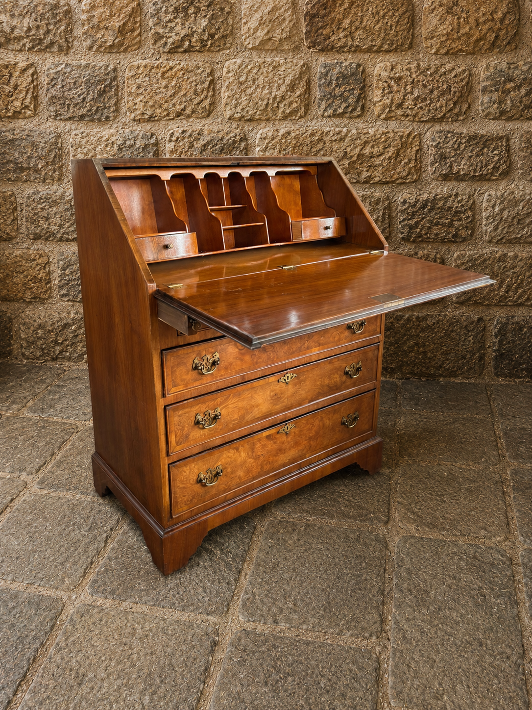 Vintage Burr Walnut Georgian Revival Bureau Desk