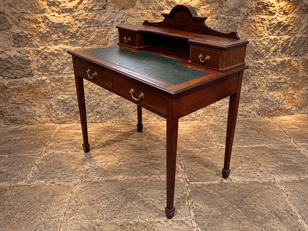 Antique Edwardian Mahogany Writing Desk c.1900 – Green Leather Top & Raised Gallery