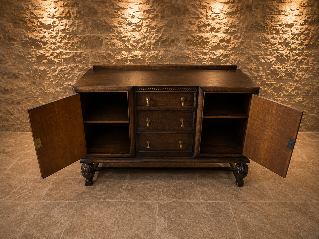 Circa 1930 Jacobean Revival Carved Oak Sideboard