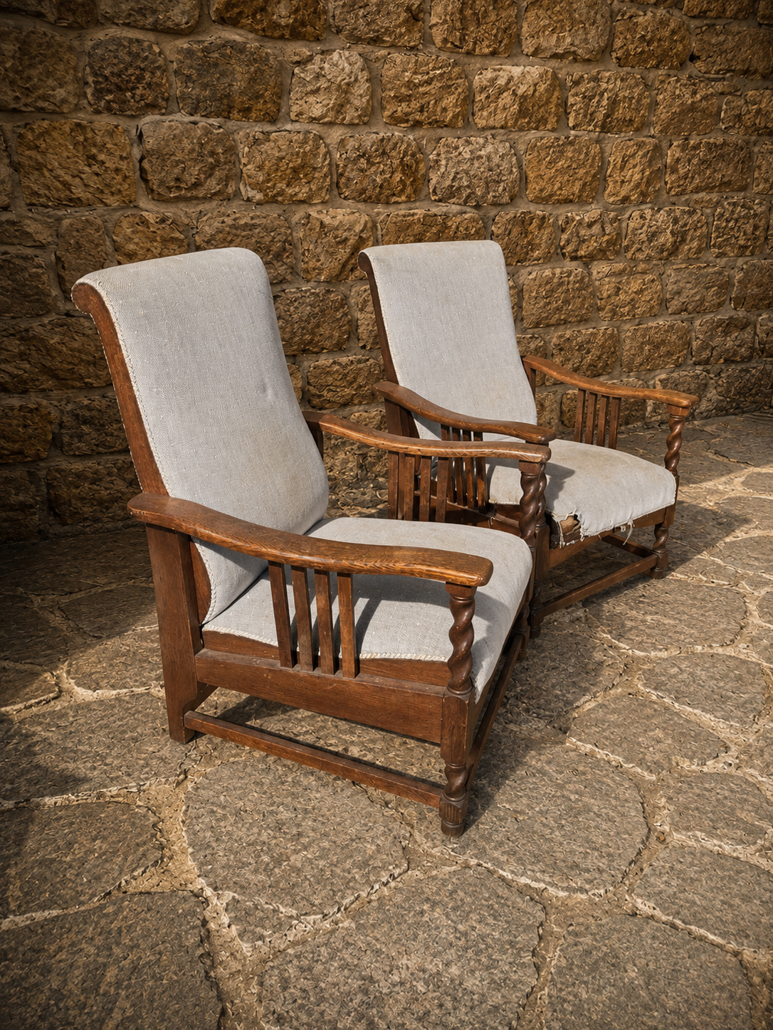 Vintage Arts & Crafts Oak Lounge Chairs Pair – 1920s Rustic Armchairs