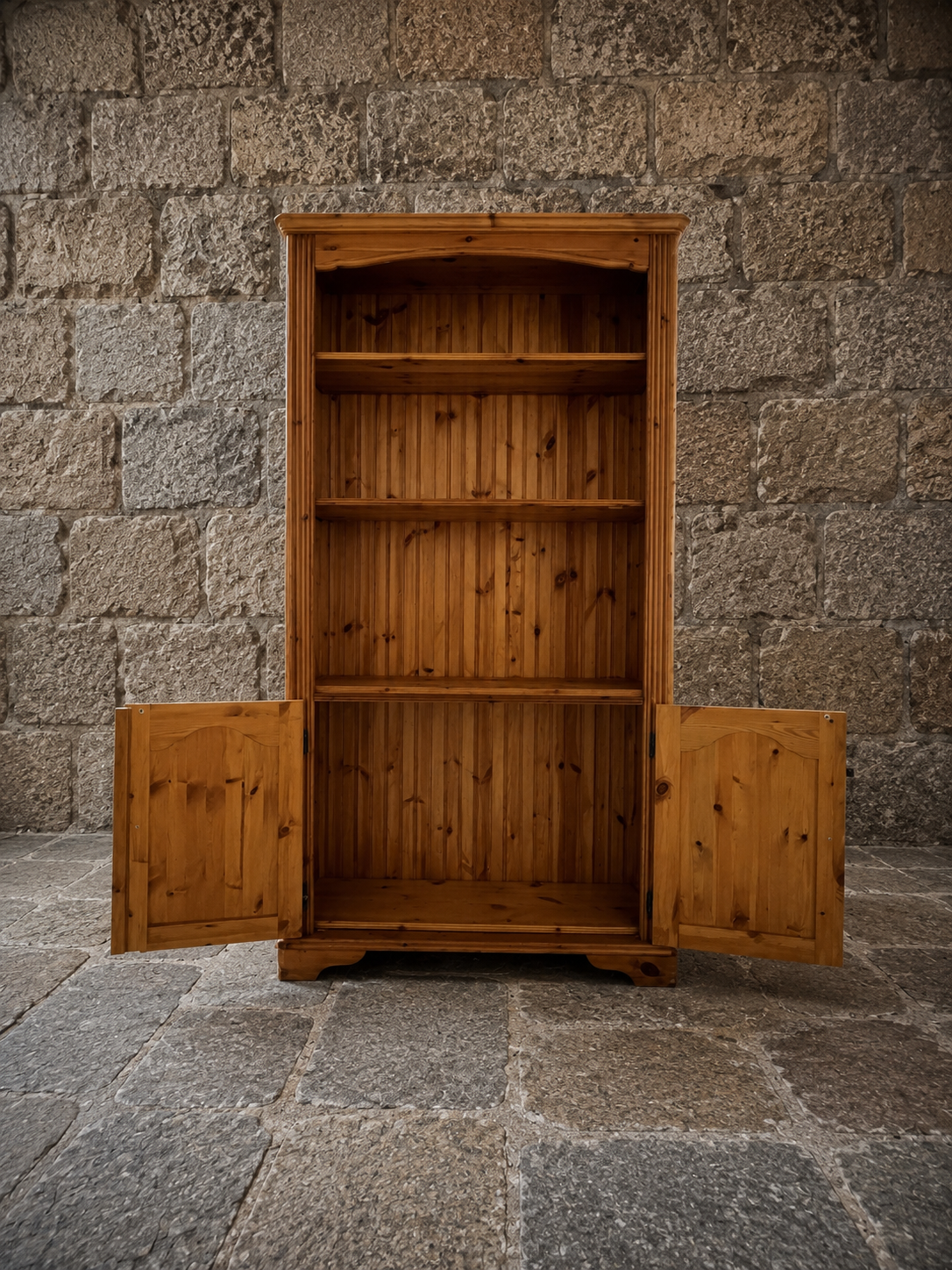 Vintage Rustic Pine Farmhouse Bookcase Cabinet with Cupboard Storage