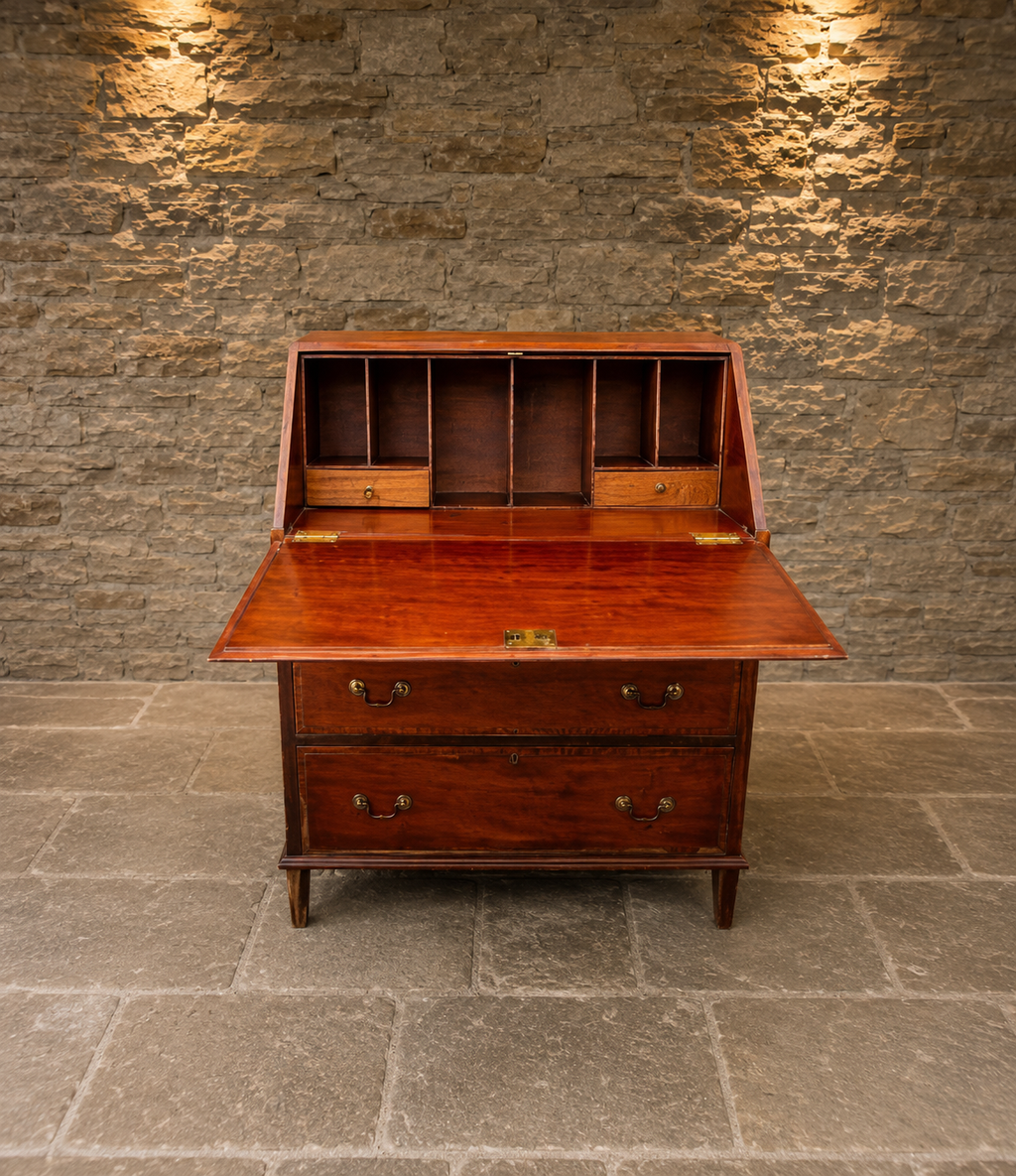 Georgian Style Mahogany Bureau | Flame Mahogany Writing Desk | Satinwood Inlaid Fall Front Secretary Desk | Fitted Interior