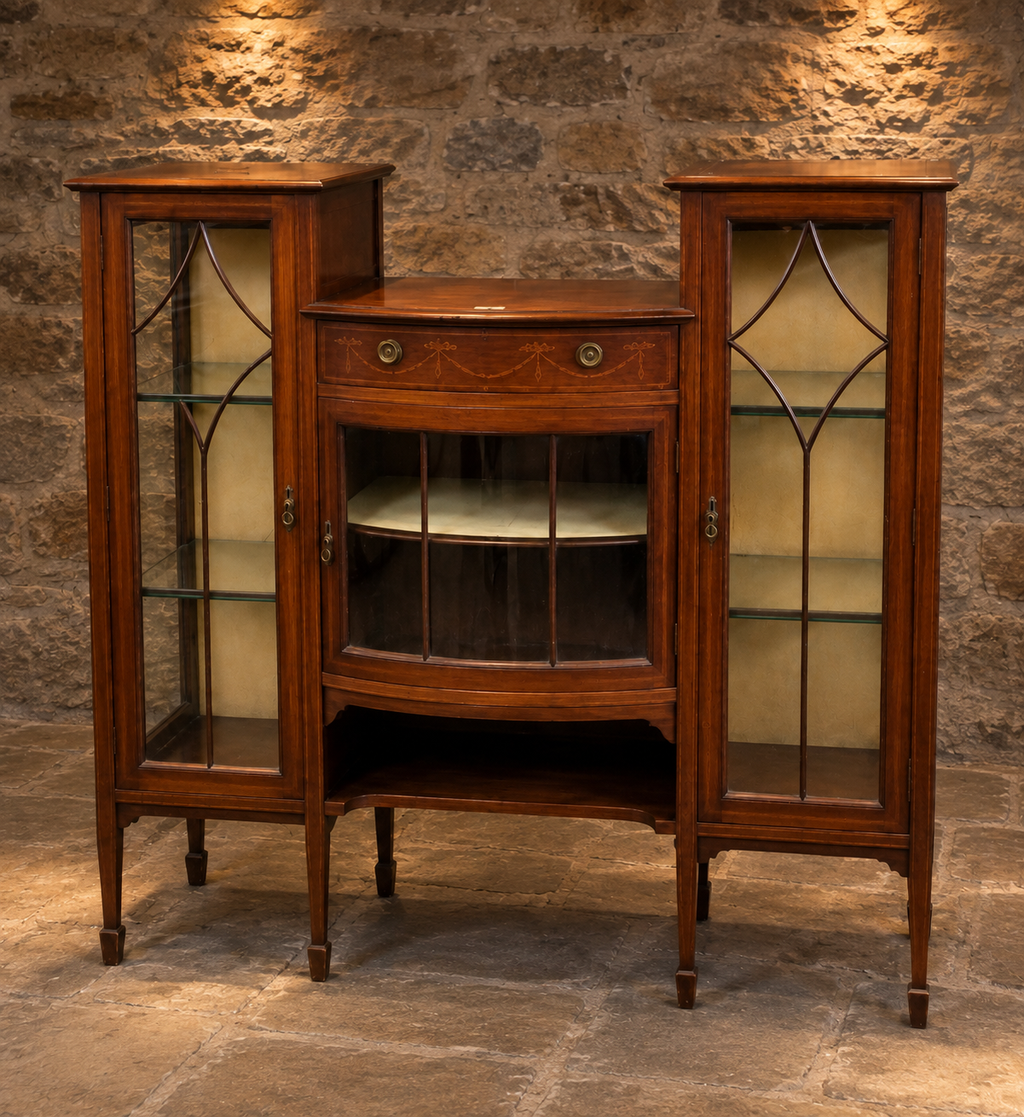 Antique Edwardian Mahogany Inlaid Display Cabinet – Bow Front Glazed China Cabinet