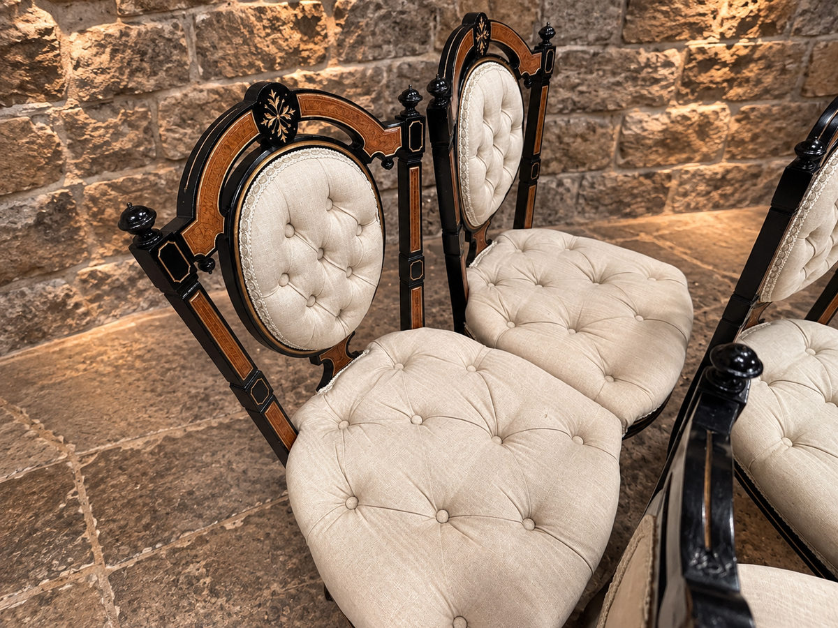 Set of 4 Victorian Aesthetic Movement Ebonised & Burr Walnut Inlaid Dining Chairs c.1875