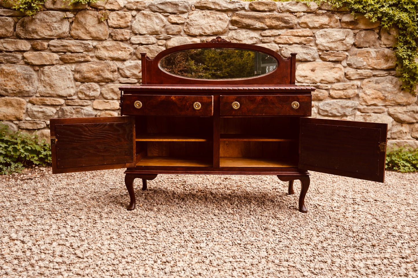 1920s Serpentine Walnut Sideboard with Mirror Back – Queen Anne Style Cabinet