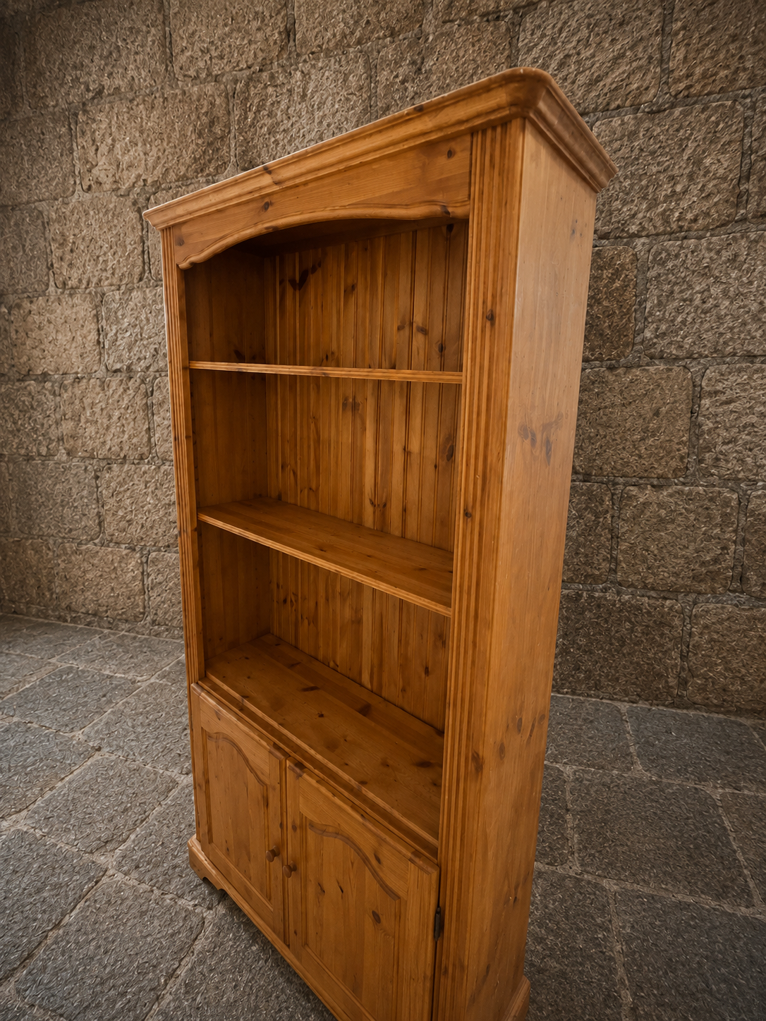 Vintage Rustic Pine Farmhouse Bookcase Cabinet with Cupboard Storage