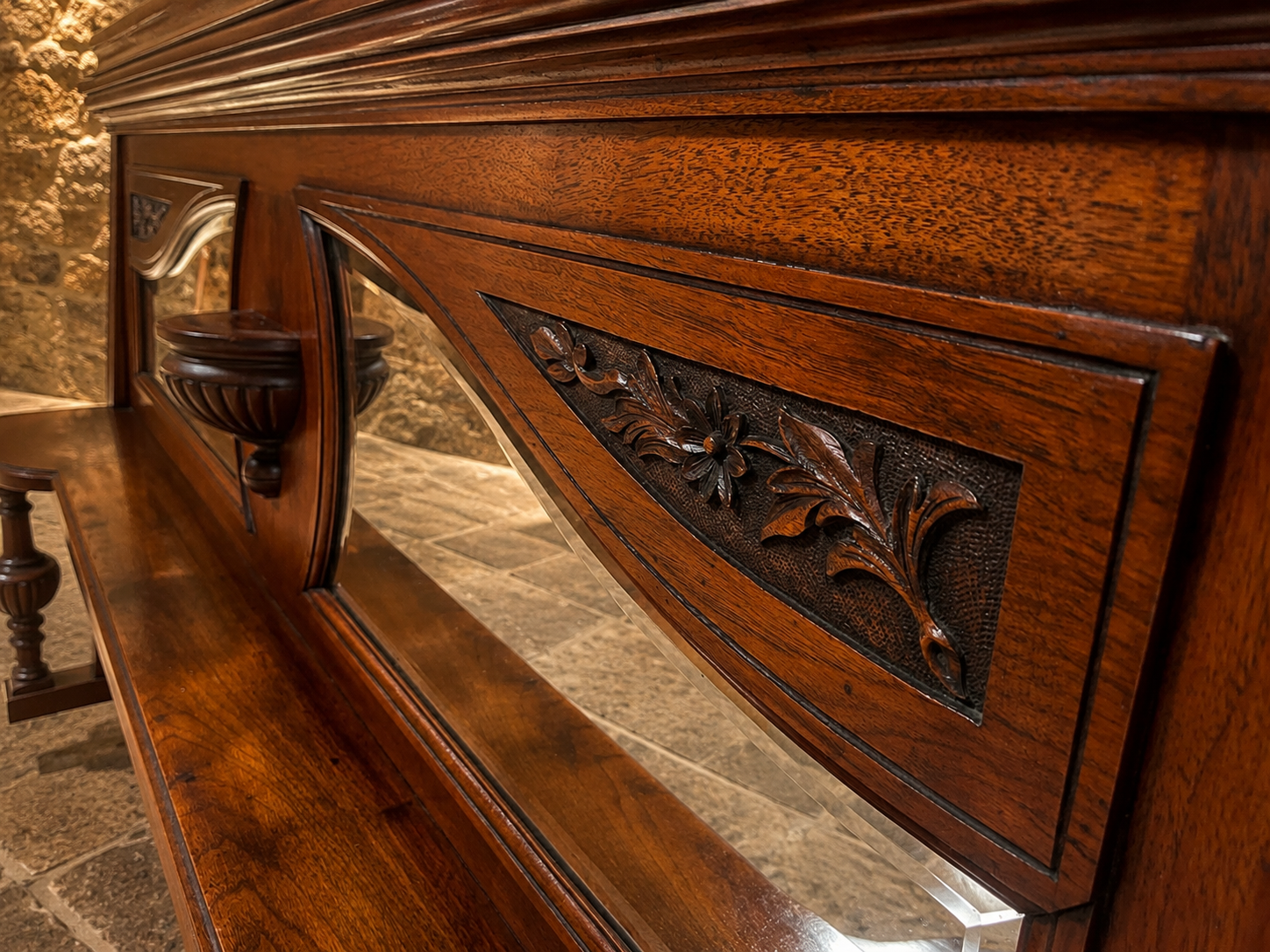 Antique Late Victorian Mahogany Overmantel Mirror – Arts & Crafts Fireplace Mirror with Bevelled Glass & Display Shelf