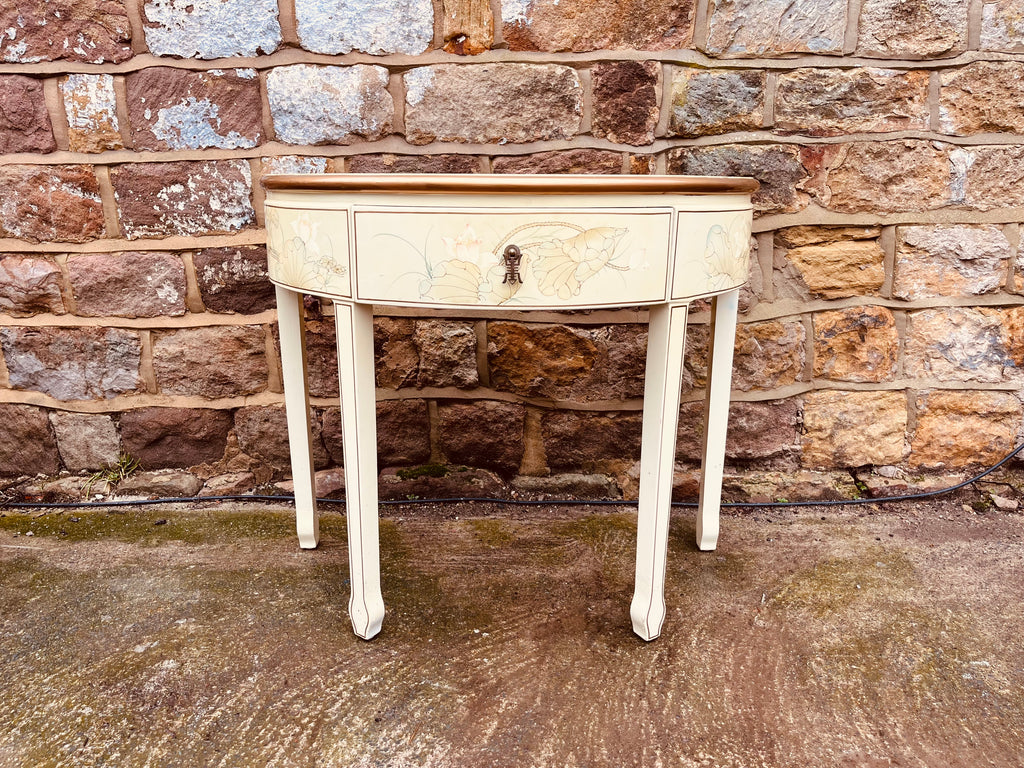 Chinese Lacquer Demi Lune Console Table – Hand Painted Cream Oriental Hall Table