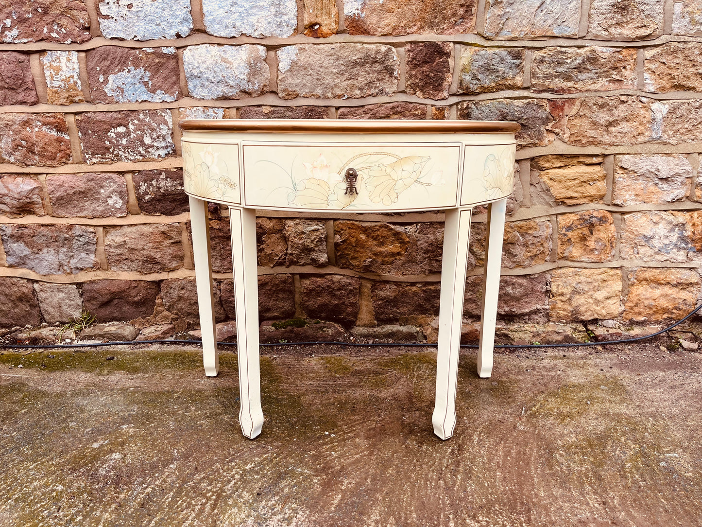 Chinese Lacquer Demi Lune Console Table – Hand Painted Cream Oriental Hall Table