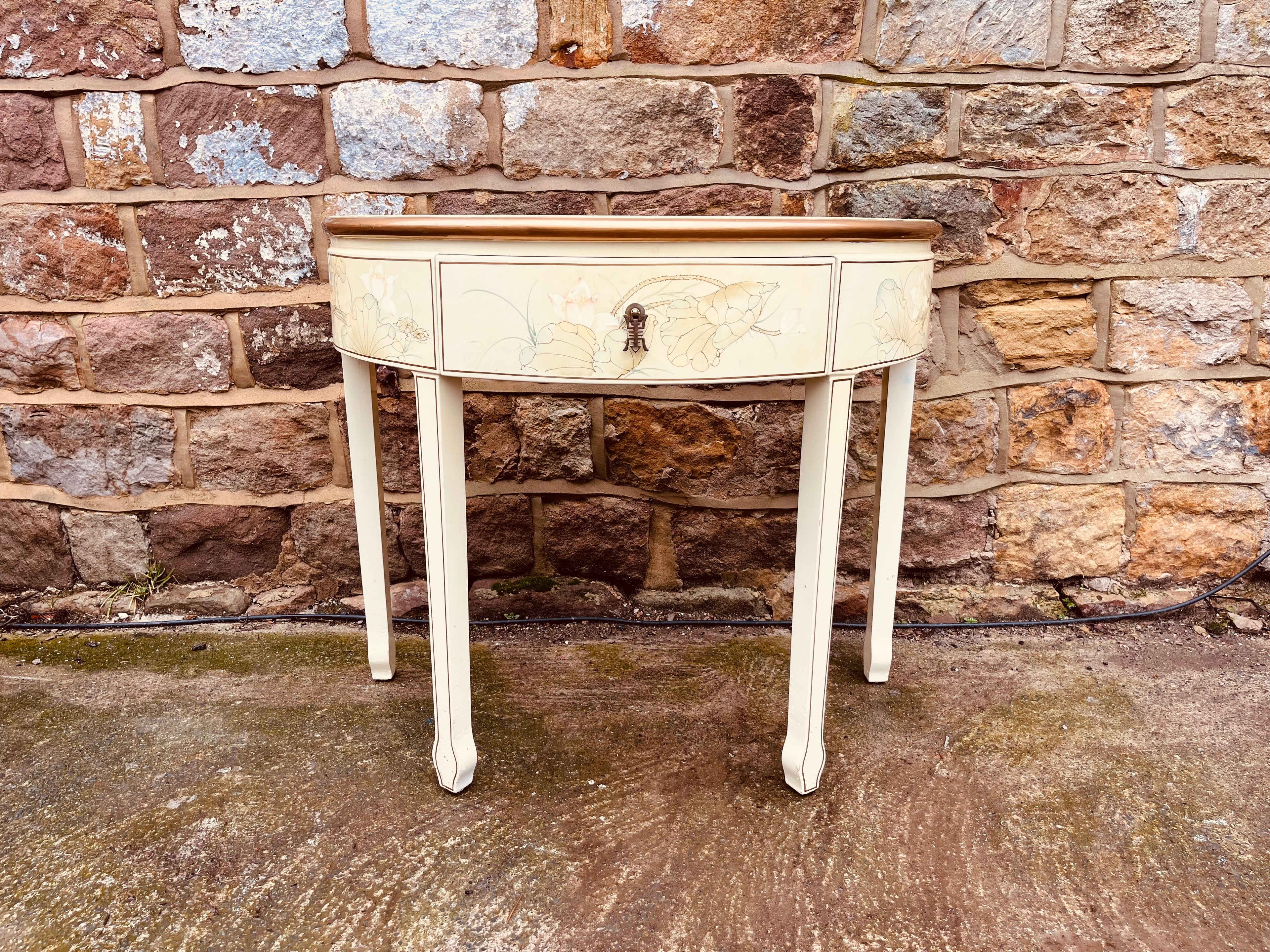 Chinese Lacquer Demi Lune Console Table – Hand Painted Cream Oriental Hall Table